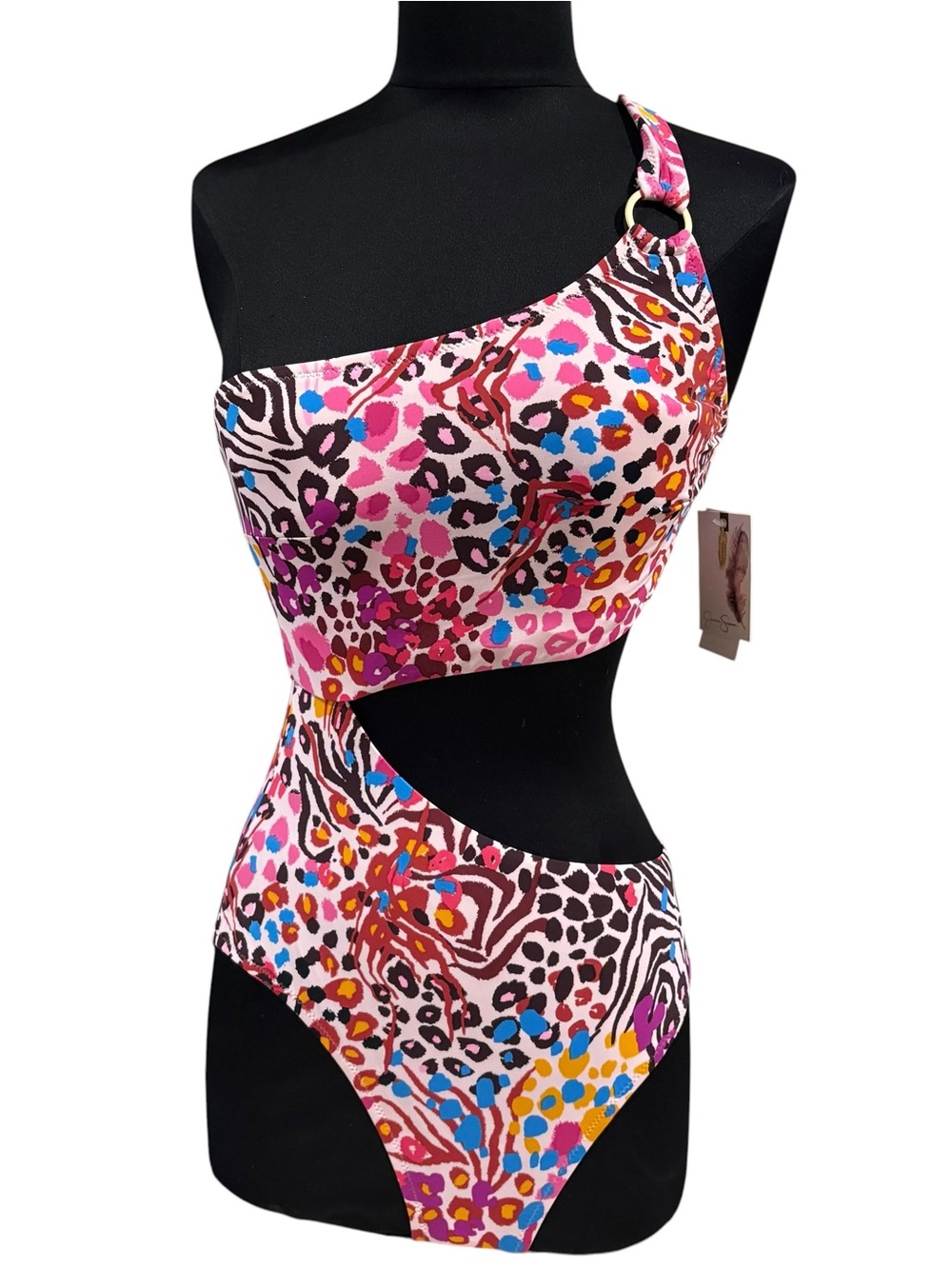 Jessica Simpson One-Shoulder Cutout Leopard Print Swimsuit  size S